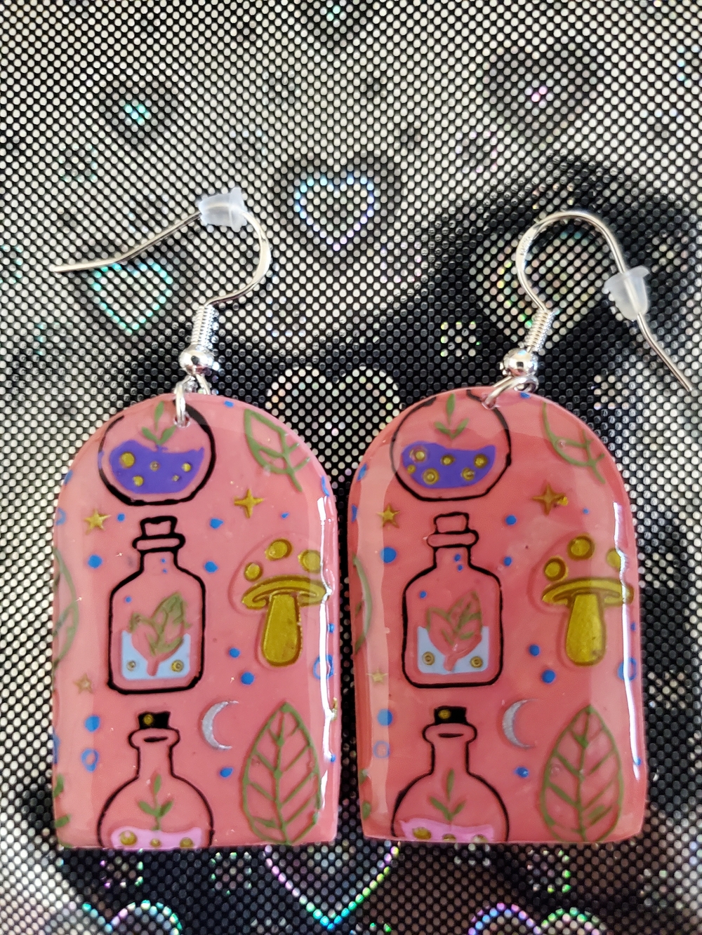 Handmade Pink Potion Bottle & Mushroom Dangle Earrings
